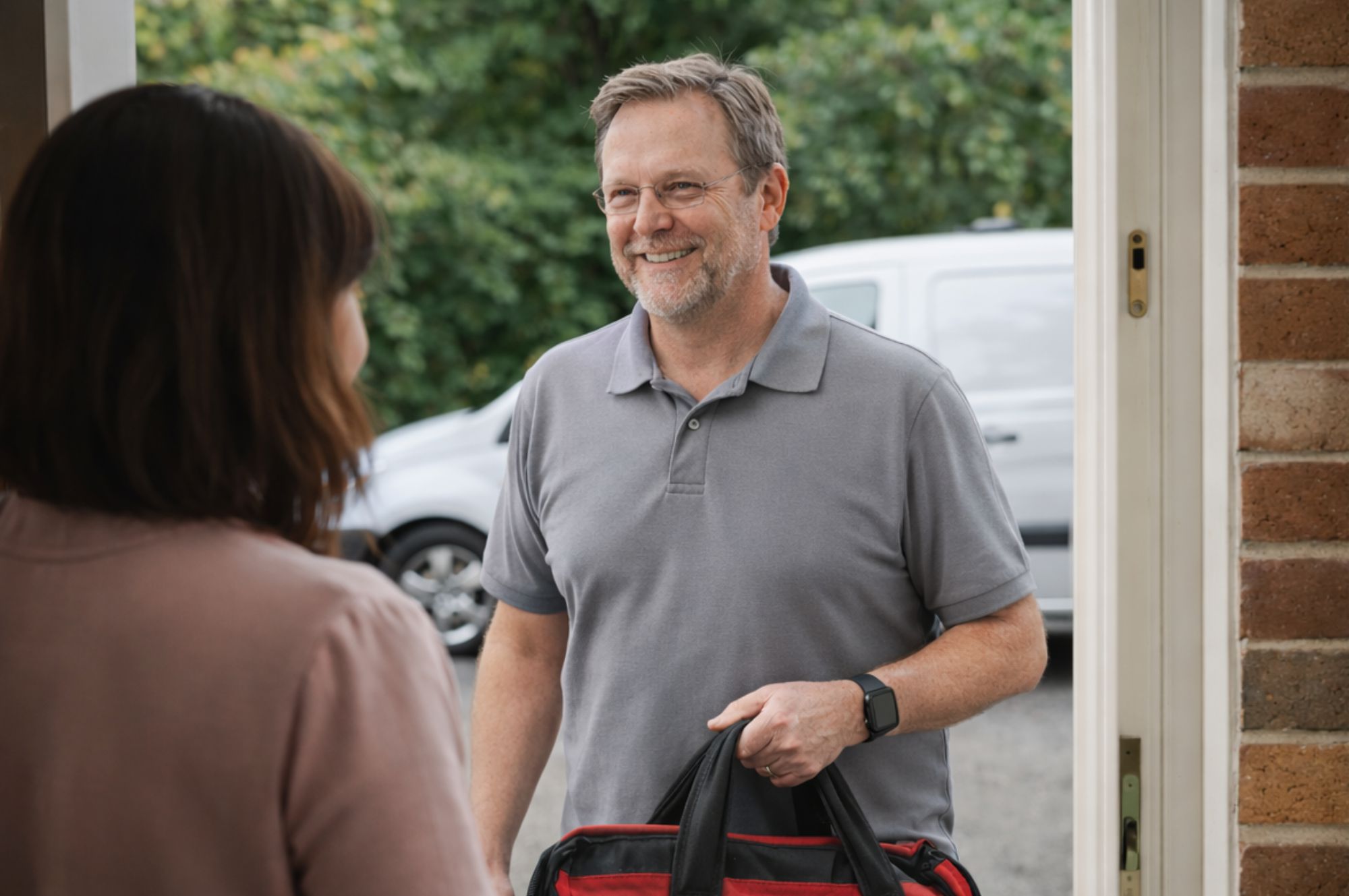 Handyman arriving at a Surrey home with tool bag ready to carry out property maintenance work